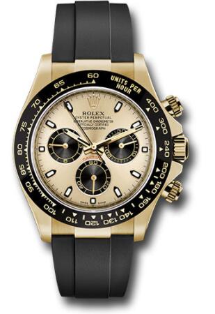 Replica Rolex Yellow Gold Cosmograph Daytona 40 Watch 116518LN Champagne And Index Dial - Black Oysterflex Strap - Click Image to Close